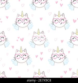 Cute seamless pattern with white cat in a unicorn costume with wings and rainbow horn. It can be used for packaging, wrapping paper, textile and etc. Stock Vector