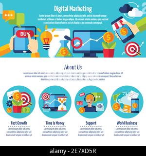 One page of digital marketing web site with titles and color icons about different methods of financial growth Stock Vector