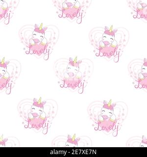 Vector pattern with cute unicorns, clouds and stars. Magic background with little unicorns. Stock Vector
