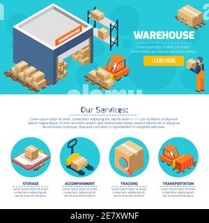 One page of warehouse web site with titles and color icons about different services Stock Vector