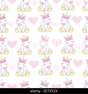 Vector pattern with cute unicorns, clouds and stars. Magic background with little unicorns. Stock Vector