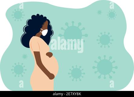 Young beautiful pregnant black woman wearing face mask with virus background Stock Vector