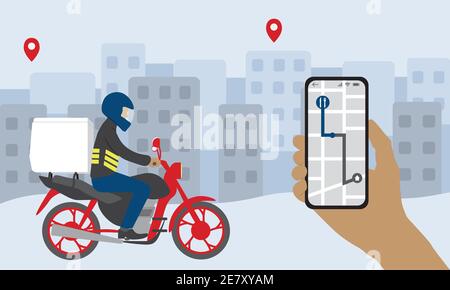 Person's hand holds smartphone for tracking delivery motoboy. Food delivery App concept. Stock Vector