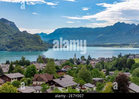 View at Sankt Gilgen am Austrian Wolfgangsee surrounded with mountains