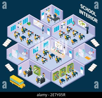 School isometric interior with classroom indoors full of students and teachers vector illustration Stock Vector