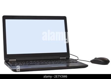 Black pc laptop with his mouse isolated on white with clipping path, there is a path for remove the mouse Stock Photo