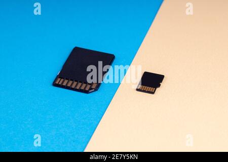 sd and micro sd memory card on blue and yellow background. different kind of portable storage devices. data store concept Stock Photo