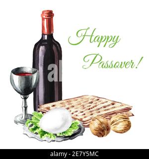 Passover seder traditional meal. Concept of jewish religious holiday Pesach. Watercolor hand drawn illustration, isolated on white background Stock Photo