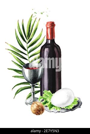 Passover seder meal. Concept of jewish religious holiday Pesach card. Watercolor hand drawn illustration, isolated on white background Stock Photo