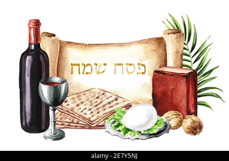 Passover seder traditional meal, Pesach card.  Concept of jewish religious holiday. Hebrew inscription Happy Easter. Watercolor hand drawn illustratio Stock Photo