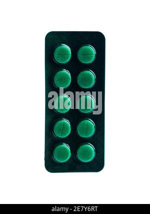 green medicine drug pills blister isolated on a white background Stock Photo