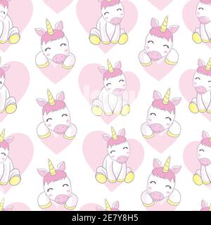 Vector pattern with cute unicorns, clouds and stars. Magic background with little unicorns. Stock Vector