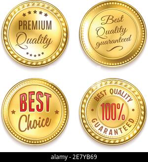 Best choice quality premium 4 round golden labels collection realistic isolated vector illustration Stock Vector