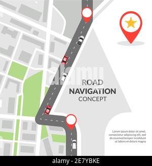Road navigation concept with city map with pins and road with cars flat vector illustration Stock Vector