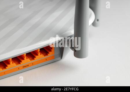 ethernet router back side. network communication concept. online conceptual Stock Photo