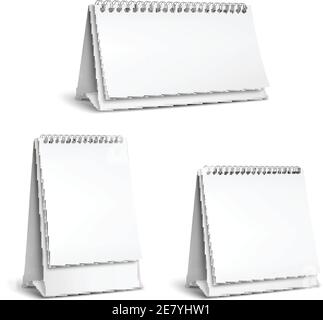 Three vertical and horizontal realistic standing blank spiral table calendars of different size on white background isolated vector illustration Stock Vector