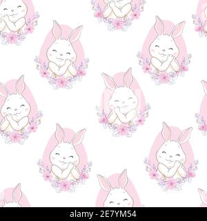 Cute Bunny Rabbit Seamless Pattern Vector Background Stock Vector