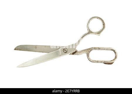 an old metal grunge scissors isolated on a white background Stock Photo