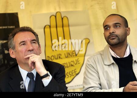 UDF presidential candidate Francois Bayrou seats along Dominique Sopo, president of SOS Racisme, during a political meeting organized by the French association in La Courneuve, North of Paris on April 14, 2007. Photo by Corentin Fohlen/ABACAPRESS.COM Stock Photo
