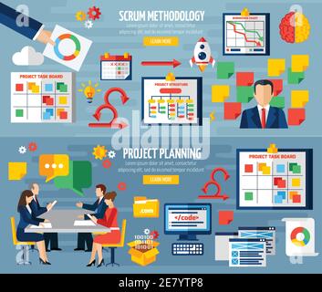 Scrum agile development methodology teamwork 2 colorful horizontal banners with sprint project planning abstract isolated vector illustratin Stock Vector
