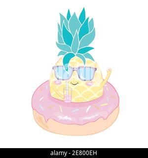 Funny vector background with pineapple in glasses, speech bubble and hand written text "Hello summer". Hand drawing summer card. Stock Vector