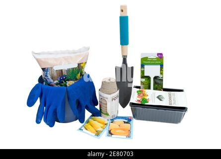 Horizontal shot of a group of gardening items in preparation for gardening. Stock Photo