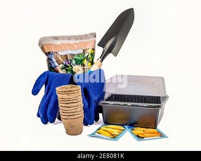 Horizontal shot of gardening supplies on a white background. Stock Photo