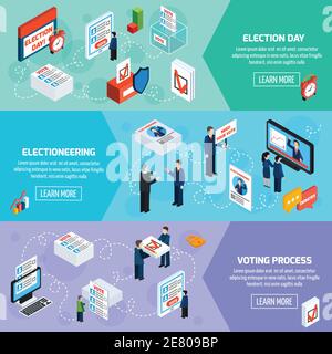 Elections and voting isometric horizontal banners with electioneering election day and voting process icons set flat vector illustration Stock Vector
