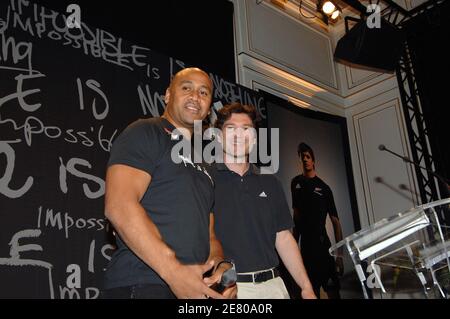 Adidas France CEO Andre Maestrini and Rugby legend Jonah Lomu are seen at All Blacks' new jersey unveiling at the New-Zealand embassy in Paris, France, on April 25, 2007. Photo by Stephane Kempinaire/Cameleon/ABACAPRESS.COM Stock Photo