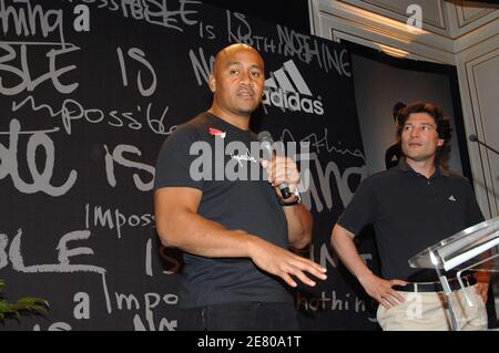 Adidas France CEO Andre Maestrini and Rugby legend Jonah Lomu are seen at All Blacks' new jersey unveiling at the New-Zealand embassy in Paris, France, on April 25, 2007. Photo by Stephane Kempinaire/Cameleon/ABACAPRESS.COM Stock Photo