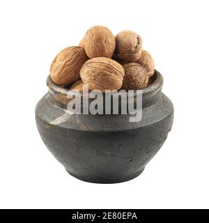 group of fresh raw walnuts in clay pot isolated on a white background. rustic and detailed image Stock Photo