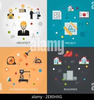 Architect design concept set with house project and building tools flat icons isolated vector illustration Stock Vector