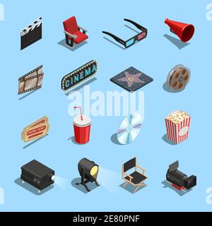 Cinema movie theater accessories and gadgets isometric icons set with projector 3d glasses and snacks isolated vector illustration Stock Vector