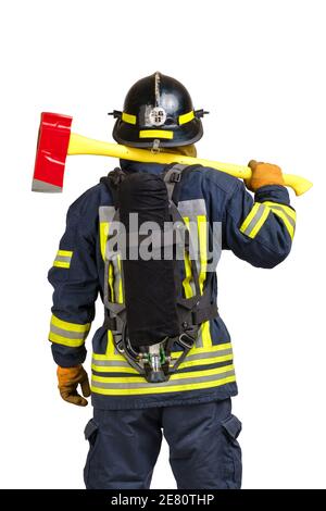Back side view of firefighter in fire-proof uniform  Stock Photo