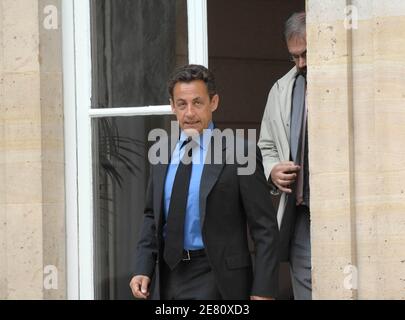 France's President-elect Nicolas Sarkozy and CFDT union leader Francois Chereque pictured outside Sarkozy's office in Paris, France, on May 14, 2007. Photo by Jacques Witt/Pool/ABACAPRESS.COM Stock Photo