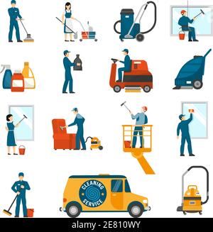 Industrial cleaning service workers flat icons collection with vacuum scrubber and sweeper machines abstract isolated vector illustration Stock Vector