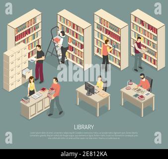 Scientific library published materials shelves with ladder and online documents and catalogs access computers isometric abstract illustration Stock Vector