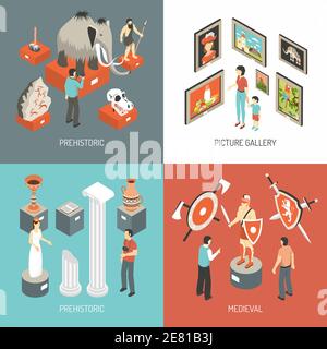 Historical museum medieval hall exhibits and picture gallery 4 isometric icons square banner abstract isolated vector illustration Stock Vector