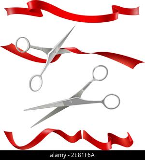 Realistic metal scissors for grand opening inauguration event with red ribbon cutting public ceremony image vector illustration Stock Vector