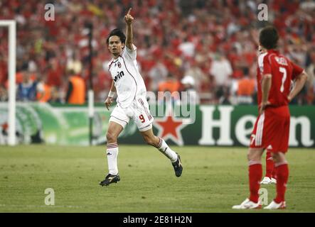 AC Milan's Filippo Inzaghi celebrates the opening goal during the UEFA Champions League Final, AC Milan v Liverpool at Olympic Stadium, in Athens, Greece, on May 23, 2007. AC Milan won 2-1. Photo by Christian Liewig/ABACAPRESS.COM Stock Photo