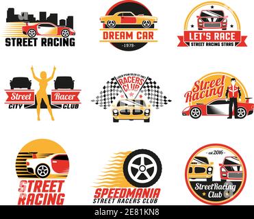 Street racing clubs labels emblems collection with dream car golden girl figure and checkered flags isolated vector illustration Stock Vector
