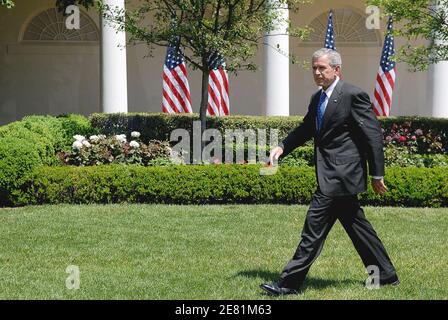 President George W. Bush leaves his news conference in the Rose Garden of the White House in Washington, DC, USA, on May 24, 2007. Bush, holding his first news conference since April 3, spoke about legislation that provides $120 billion to fund military operations through September, but does not include troop withdrawal deadlines that Democrats had sought. Photo by Olivier Douliery/ABACAPRESS.COM Stock Photo
