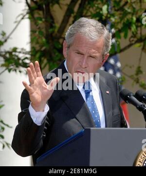 President George W. Bush speaks at a news conference in the Rose Garden of the White House in Washington, DC, USA, on May 24, 2007. Bush, holding his first news conference since April 3, spoke about legislation that provides $120 billion to fund military operations through September, but does not include troop withdrawal deadlines that Democrats had sought. Photo by Olivier Douliery/ABACAPRESS.COM Stock Photo
