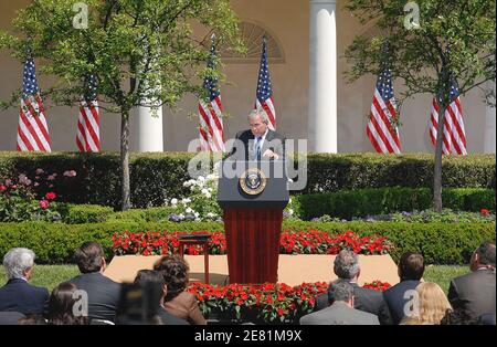 President George W. Bush speaks at a news conference in the Rose Garden of the White House in Washington, DC, USA, on May 24, 2007. Bush, holding his first news conference since April 3, spoke about legislation that provides $120 billion to fund military operations through September, but does not include troop withdrawal deadlines that Democrats had sought. Photo by Olivier Douliery/ABACAPRESS.COM Stock Photo