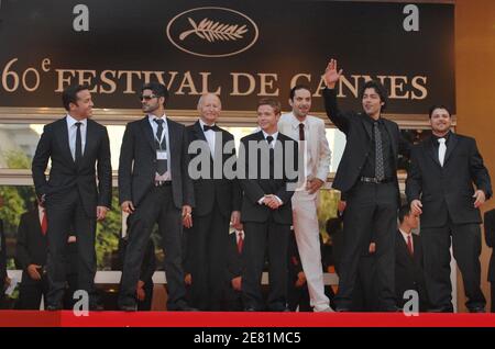 President of Cannes Film Festival Gilles Jacob (3rd L) and members of the cast of 'Entourage' including Kevin Connolly (C), Adrian Grenier (2nd R) and Jerry Ferrara (R) pose for the photographers while filming a scene for the HBO serie 'Entourage', on top of the Palais des Festivals during the 60th International Film Festival in Cannes, France, on May 24, 2007. Photo by Hahn-Nebinger-Orban/ABACAPRESS.COM Stock Photo