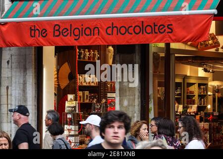 Traditional belgian chocolate shop in Brussels, Belgium Stock Photo