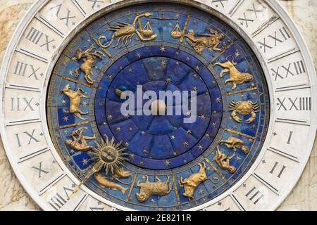 Astrological signs, zodiac symbols on St Mark's Clock Tower renaissance building on the the Piazza San Marco in Venice, Italy Stock Photo