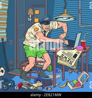 Police officer arresting online hacker Stock Vector