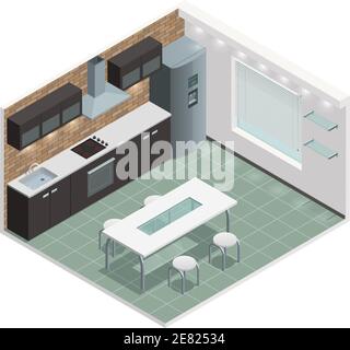 Isometric view of a modern kitchen cabinet showing drawers and doors ...
