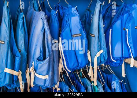Life vests for water sports stored in a former U.S. Coast Guard hanger at the Dinner Marina in Coconut Grove in Miami, Florida. Stock Photo